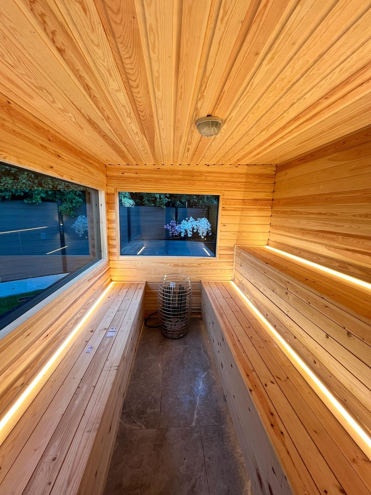 Garden room interior with cedar finish and LED lighting