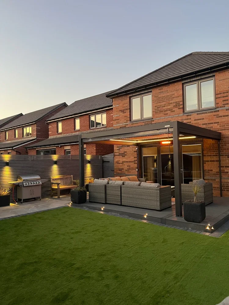 Pergola with LED lighting, BBQ and lounge furniture