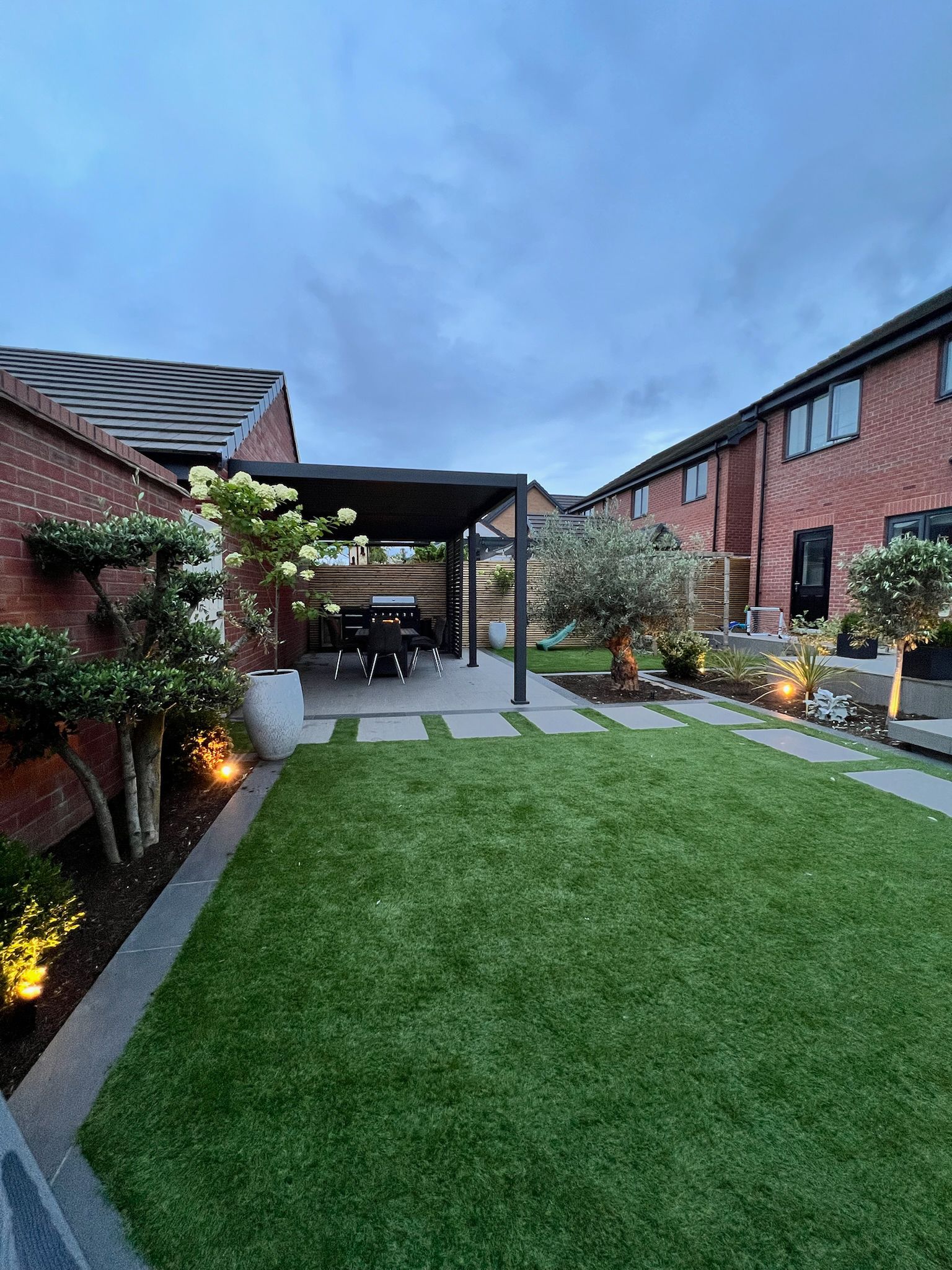Pergola with Outdoor Kitchen & Water Feature