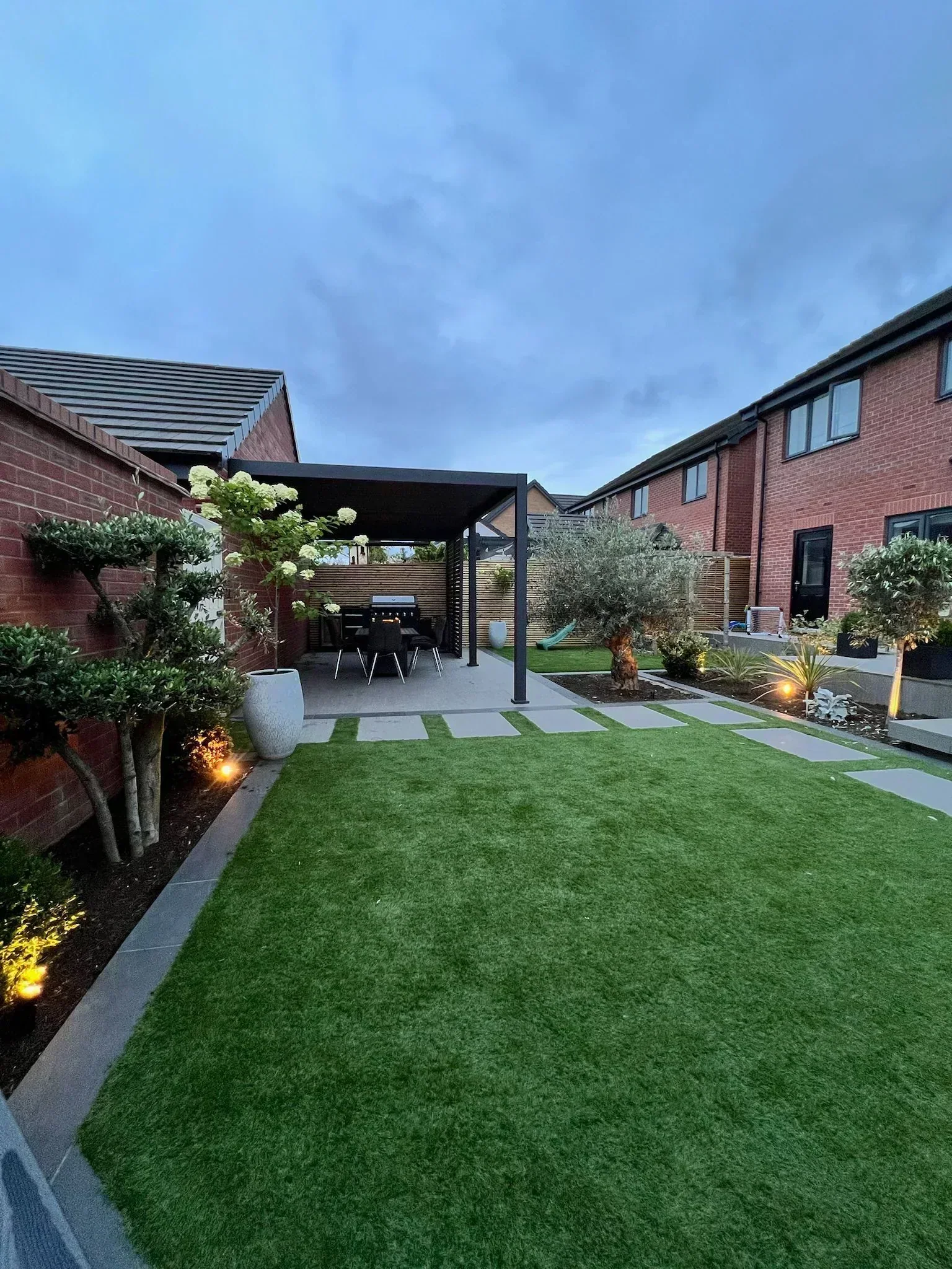 Pergola with Outdoor Kitchen & Water Feature